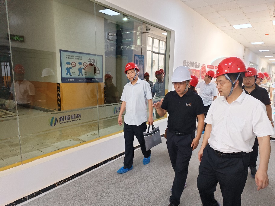 雅城新材生产总监庹登林向戴军副校长一行介绍雅城新基地生产车间 雅城新材生产总监庹登林向戴军副校长一行介绍雅城新基地生产车间